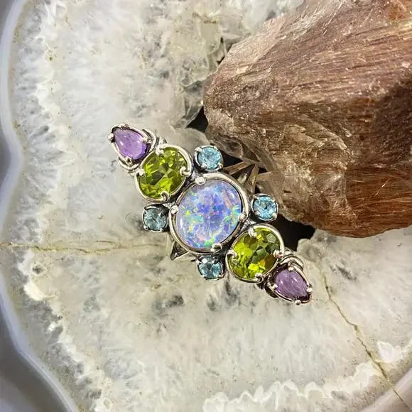 Carolyn Pollack Sterling Silver Elongated Multi Gemstone Ring Size 8 For Women - Picture 2 of 10